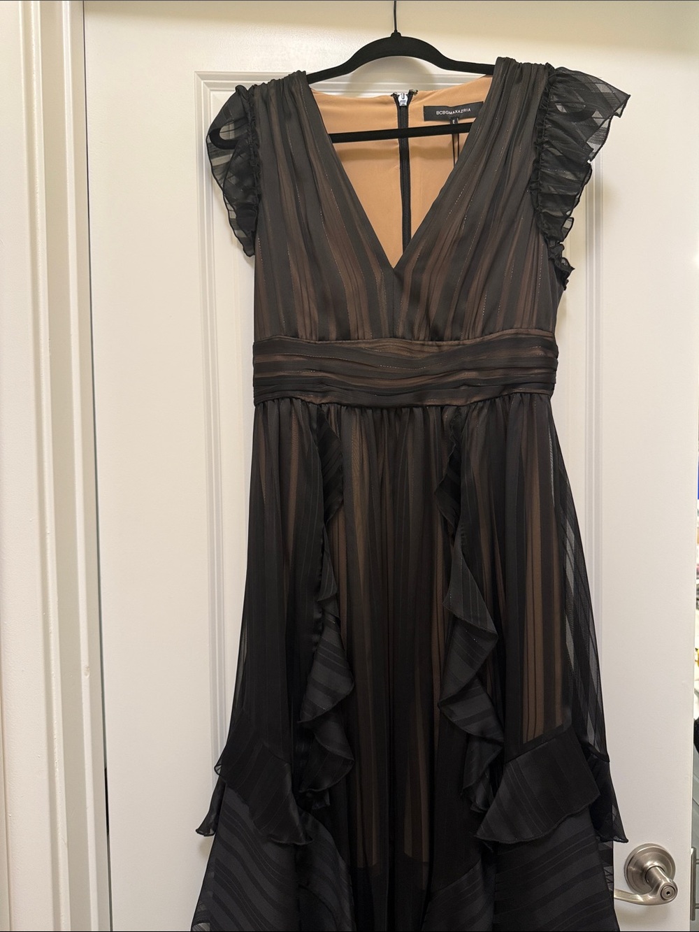 BCBGMaxAzria Black Sheer Stripe Ruffle Maxi Dress